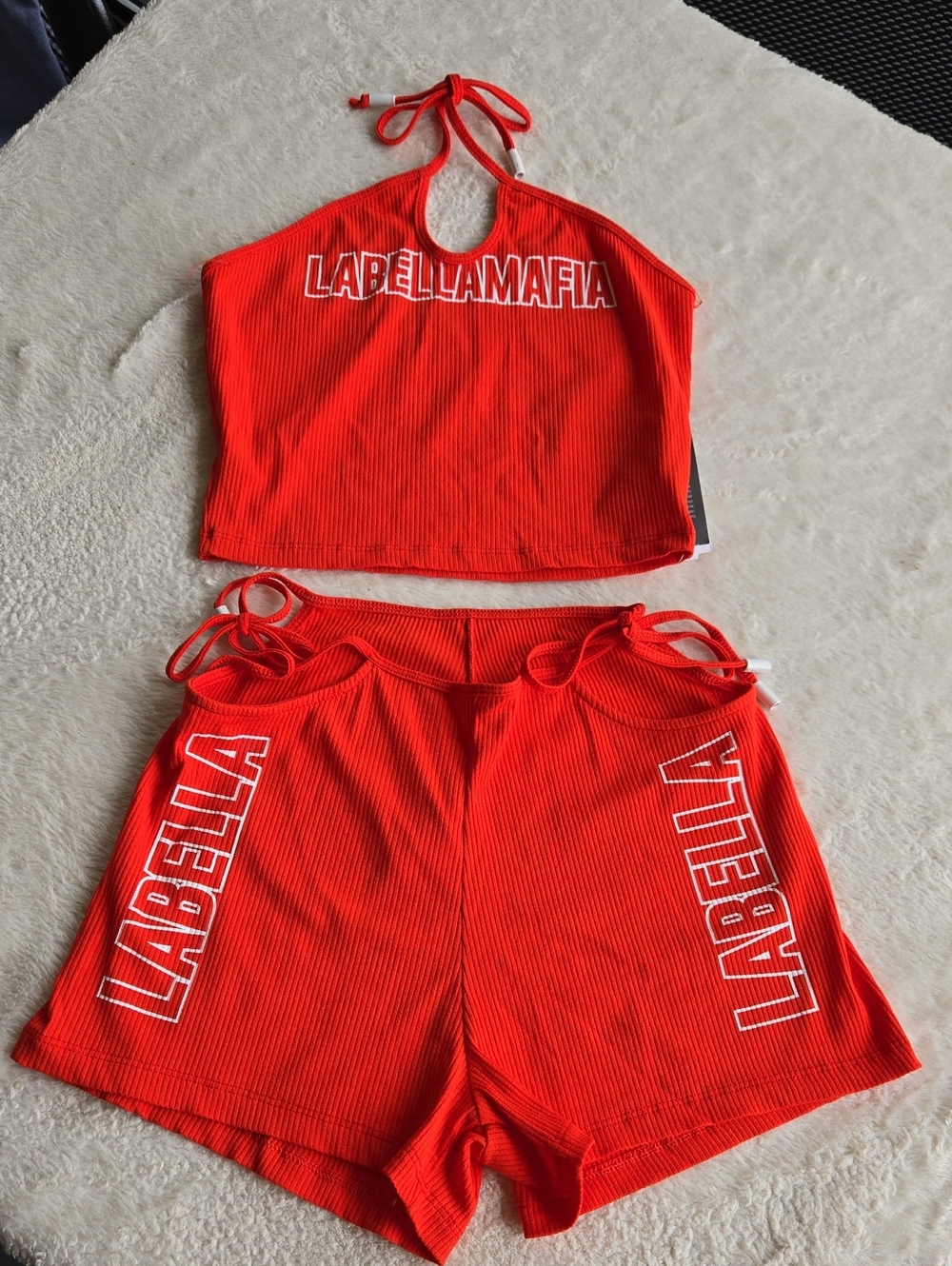 ​Labellamafia Red Ribbed Crop Top & Shorts Two-Piece Matching Set Size M NWT